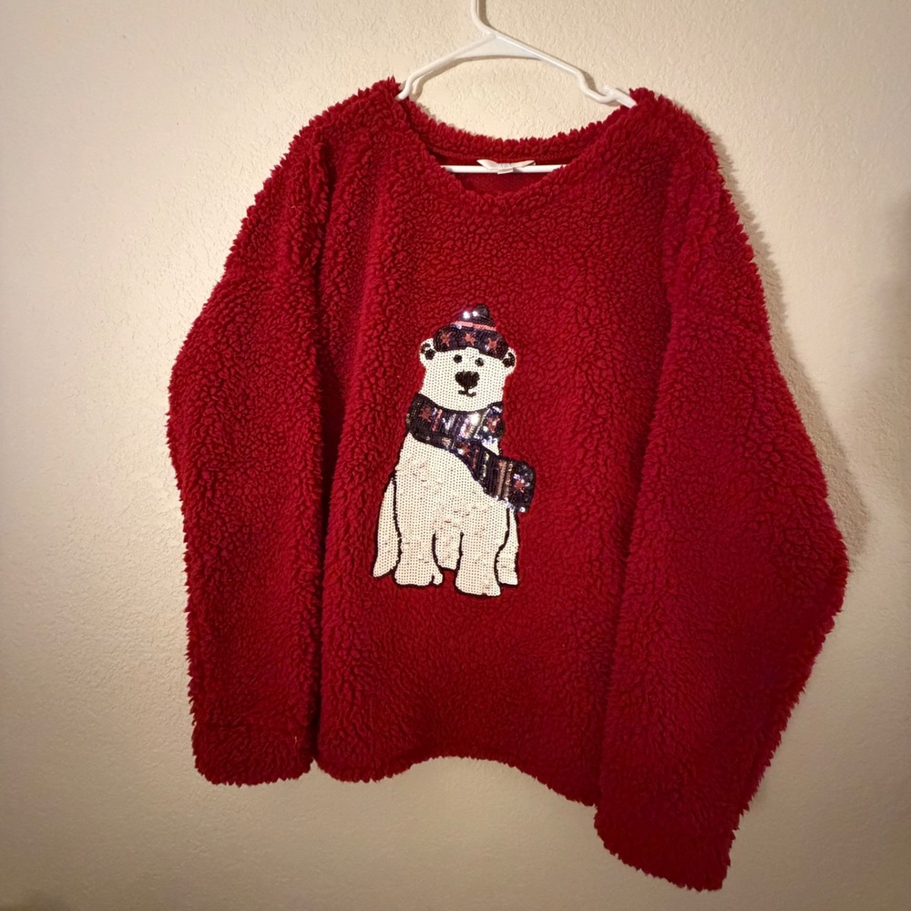 Womens XL Red Sherpa Fleece Sequin Polar Bear Holiday Sweater XL 16-18 - Picture 2 of 6
